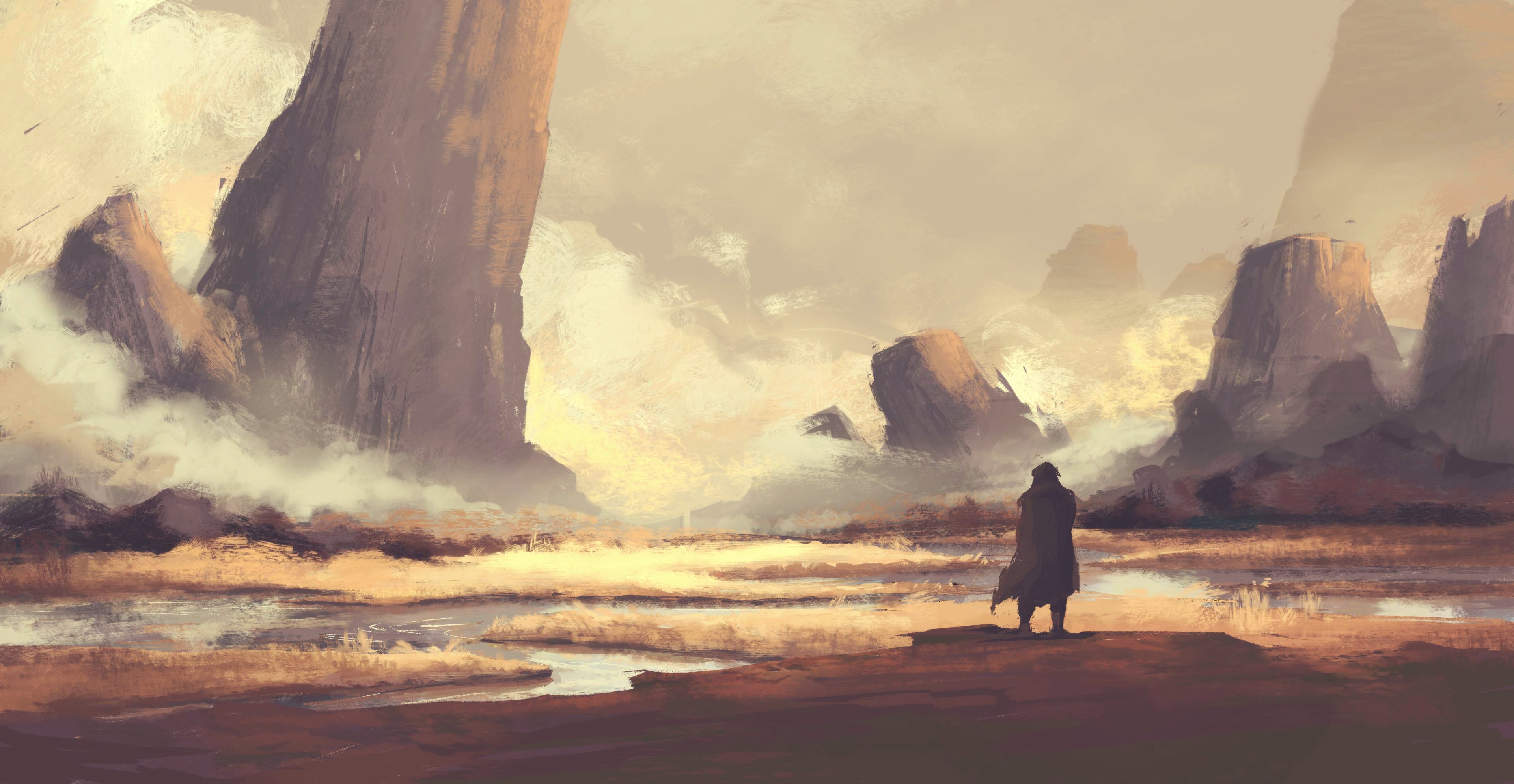 illustration of a person standing in a desert landscape with large rock formations and a misty sky.