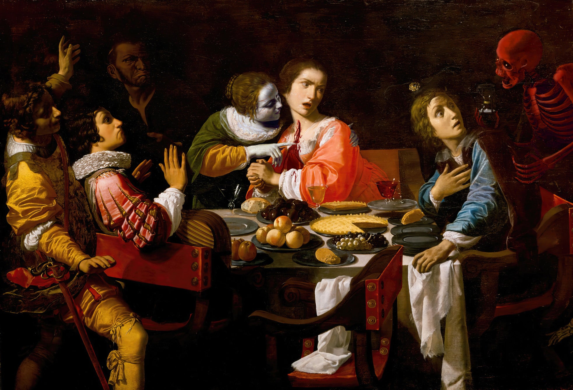 edited painting of various people around a dinner table being frightened by a skeleton and a vampire drinking blood