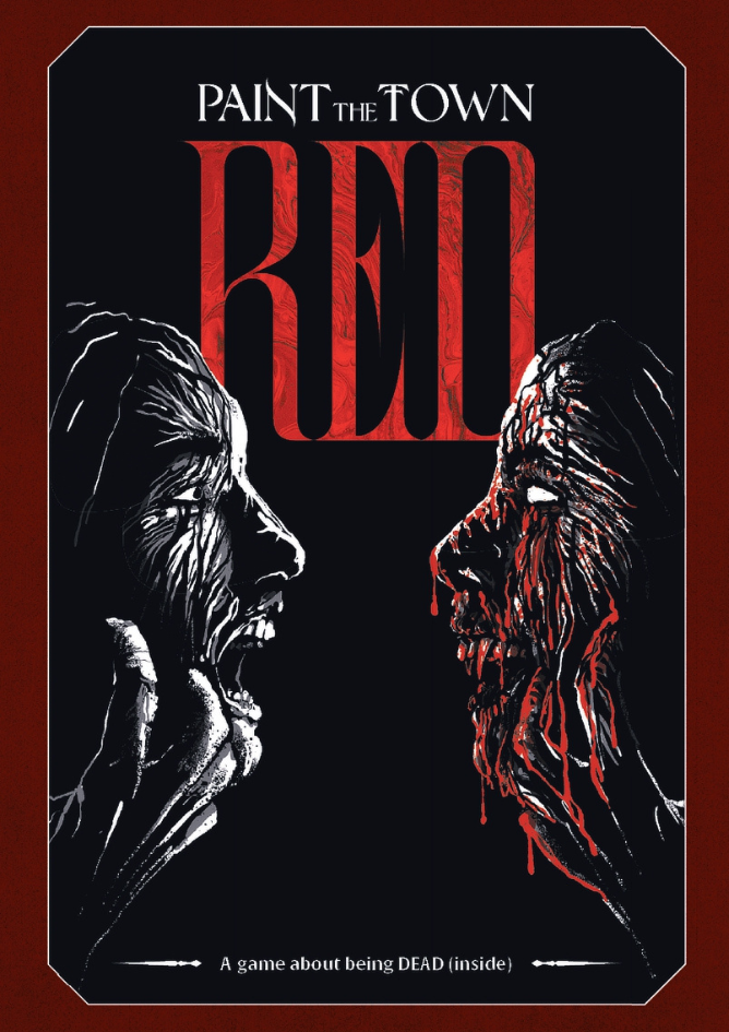 Cover of 'Paint the Town Red' game with black and red illustration of two faces.