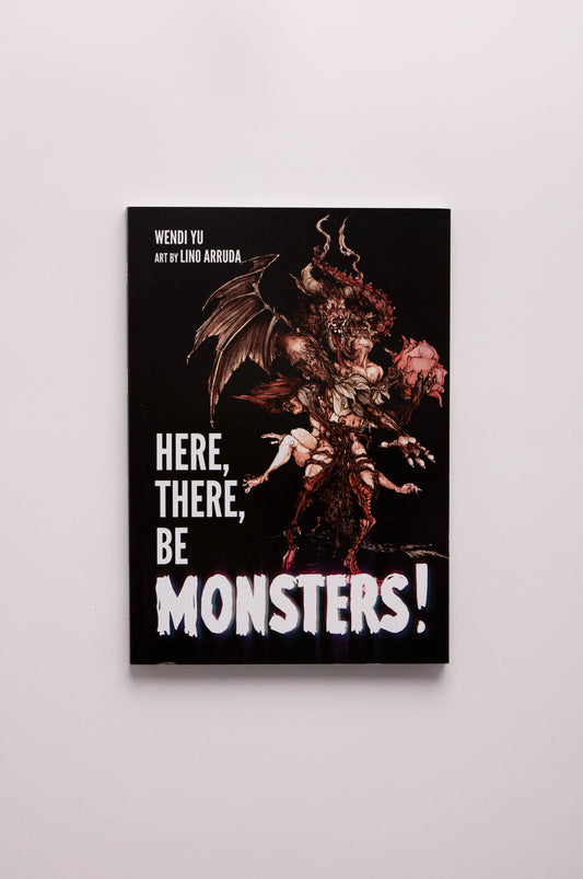 Book cover of 'Here, There, Be Monsters!' with an illustration of a demon.