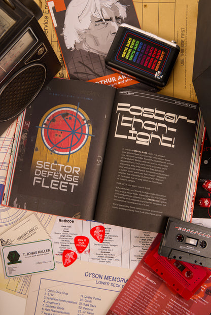 Double page spread of Afterburn titled "faster than light" surrounded by cassettes and other various items