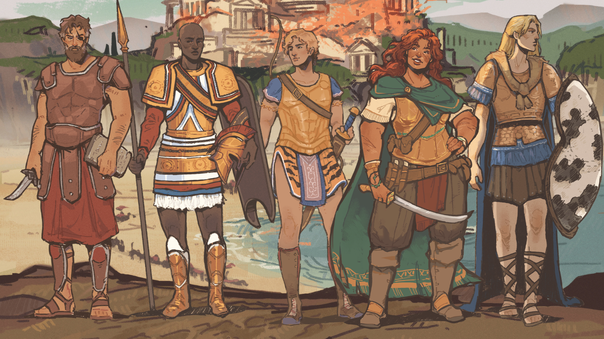 A fantasy illustration of five armored adventurers standing together in front of a burning ancient city. The characters wear varied ancient greek and warrior-inspired armor in red, gold, blue, green, and brown, holding spears, swords, shields, and a banner.