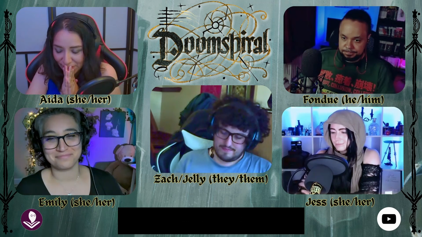 Collage of four people in a video call with 'Doomspiral' logo in the center.